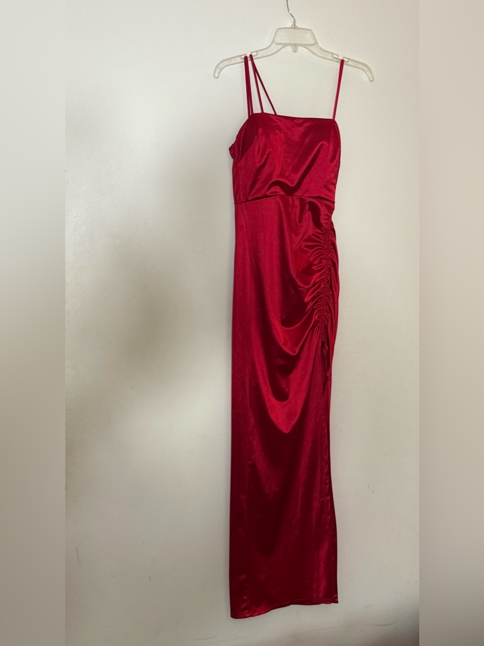 City Triangles Red Satin Ruched Maxi Slip Dress